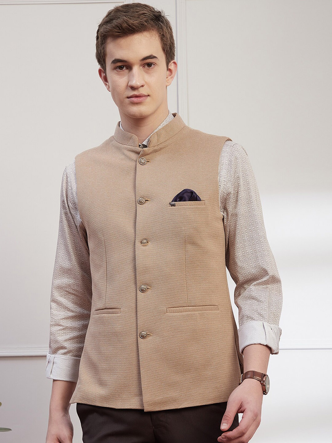 

Turtle Woven-Design Slim Fit Nehru Jackets, Khaki