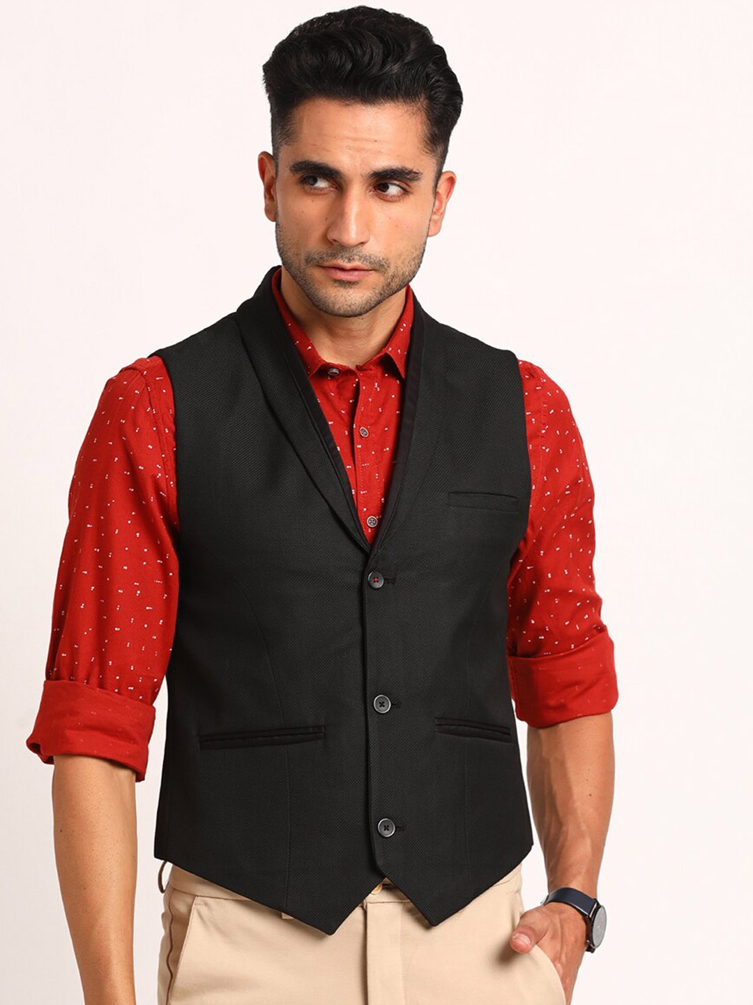 

Turtle Self Design Slim-Fit Causal Waistcoat, Black