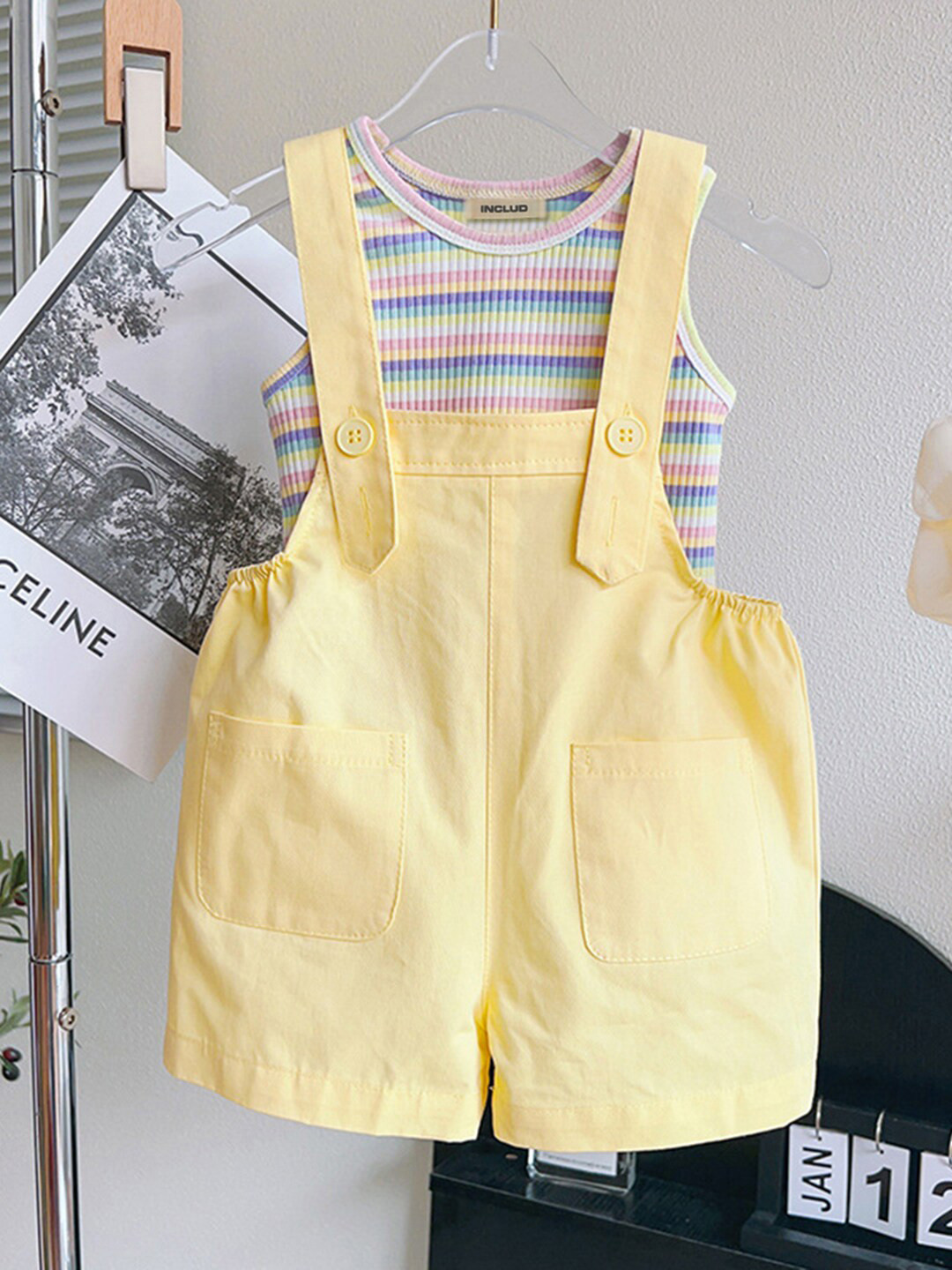 

INCLUD Girls Straight Leg Dungaree With Striped T-shirt, Yellow