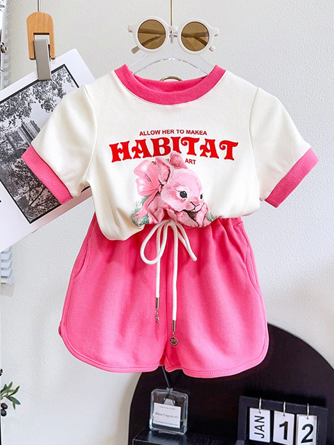 

INCLUD Girls Printed Round Neck Short Sleeves T-shirt with Shorts, Red