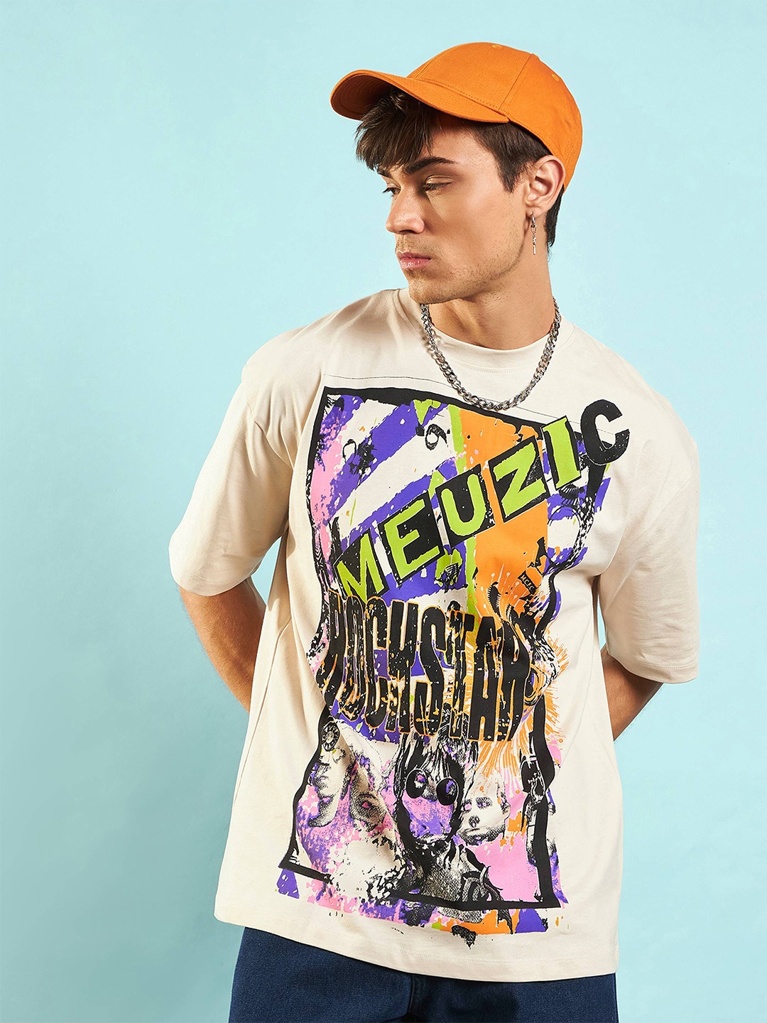 

MASCLN SASSAFRAS Unisex Beige Meuzic Printed Drop-Shoulder Cotton Oversized T-shirt