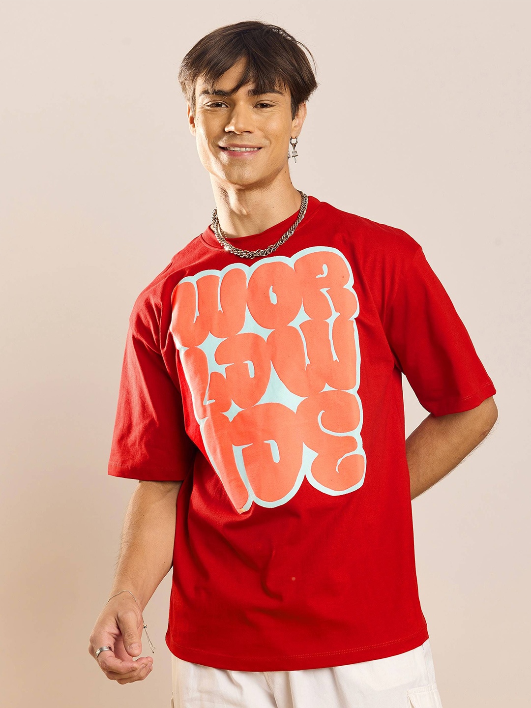 

MASCLN SASSAFRAS Unisex Red Typography Printed Drop-Shoulder Cotton Oversized T-shirt