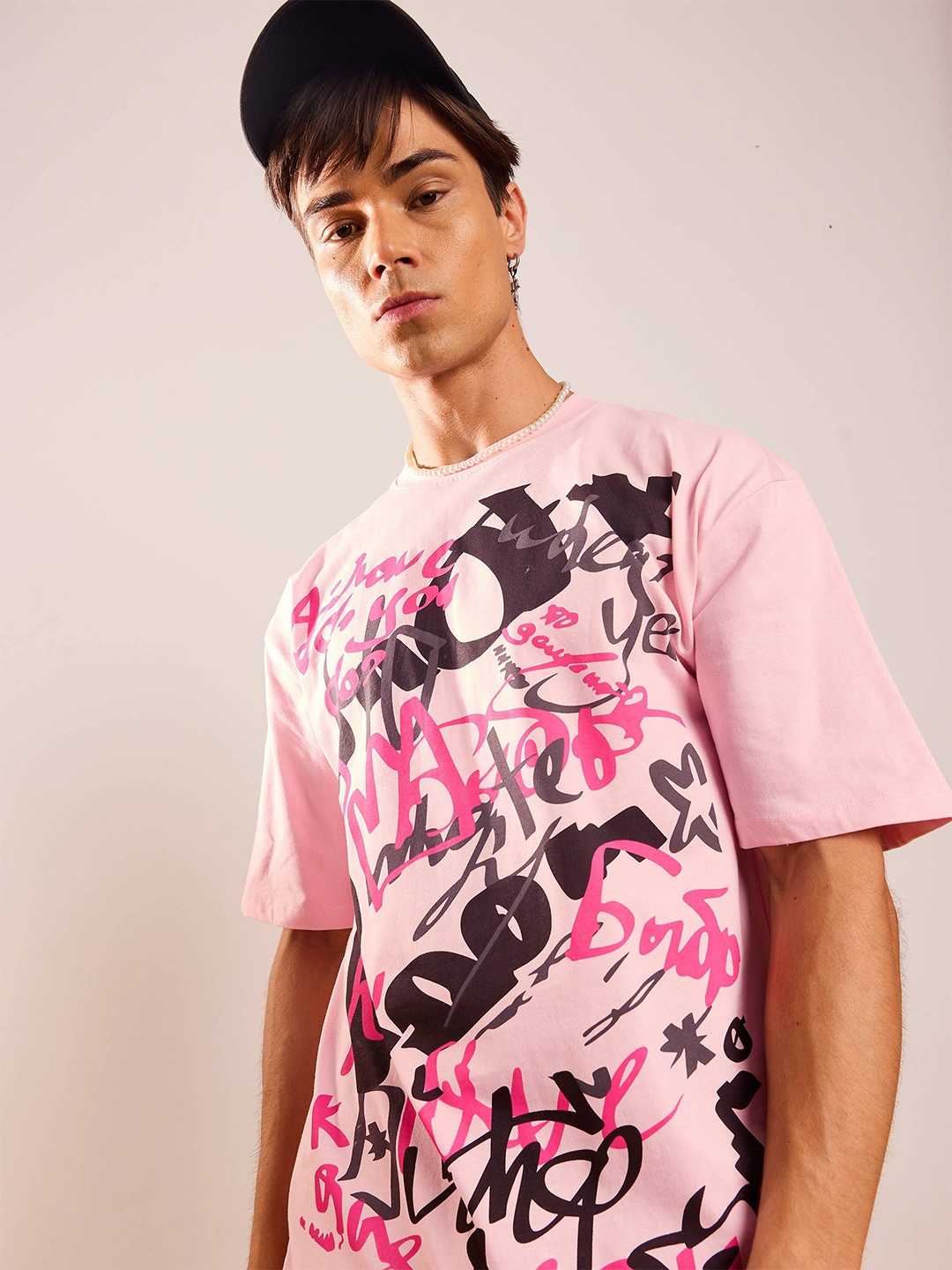 

MASCLN SASSAFRAS Unisex Pink Abstract Printed Drop-Shoulder Cotton Oversized T-shirt