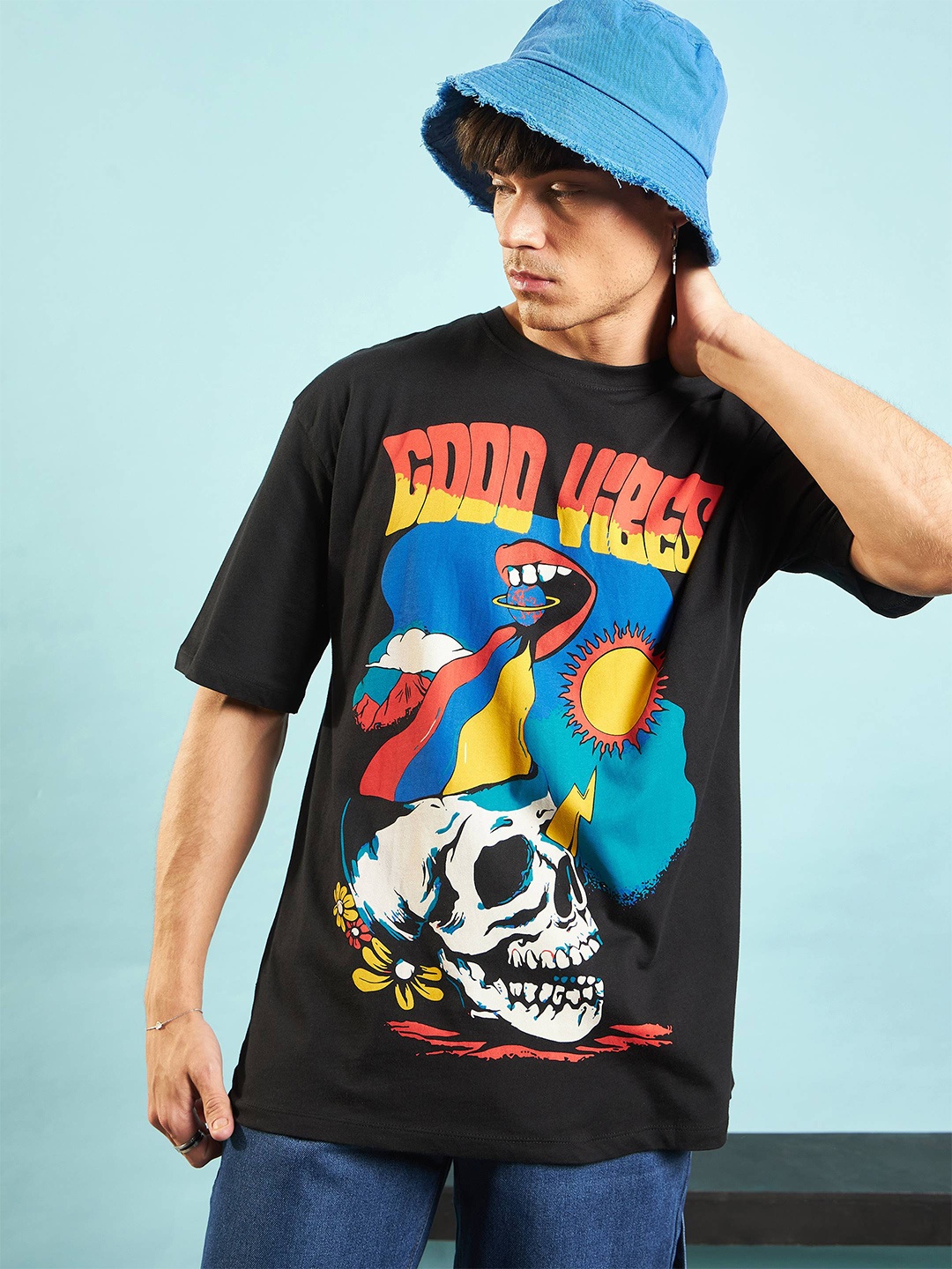

MASCLN SASSAFRAS Unisex Black Good Vibes Printed Drop-Shoulder Cotton Oversized T-shirt