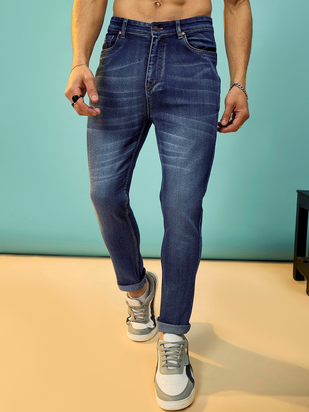 

MASCLN SASSAFRAS Men Urban Slim Skinny Fit Light Fade Stretchable Jeans, Navy blue
