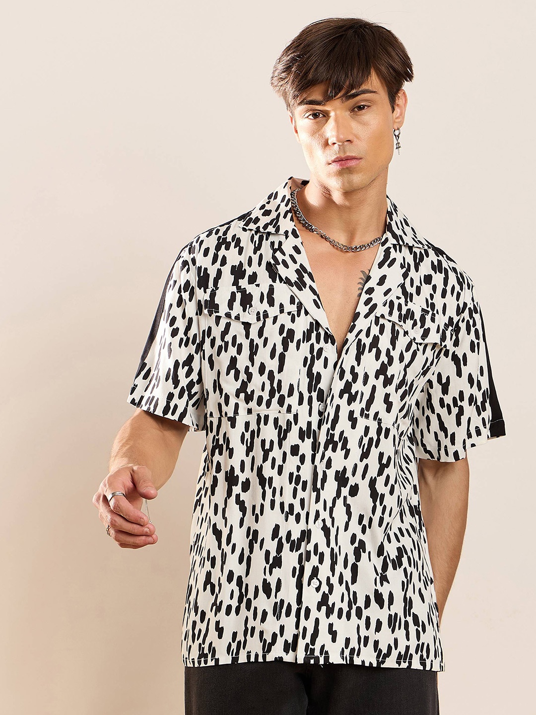

MASCLN SASSAFRAS Unisex Relaxed Opaque Printed Casual Shirt, White
