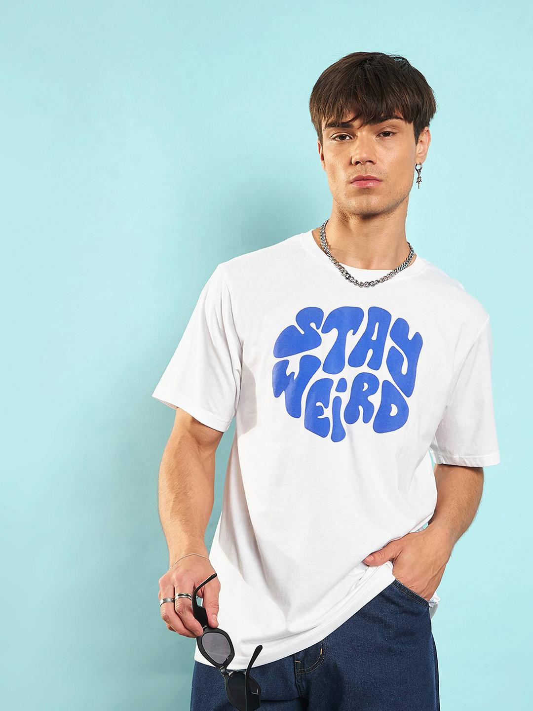 

MASCLN SASSAFRAS Unisex White Typography Printed Drop-Shoulder Cotton Oversized T-shirt