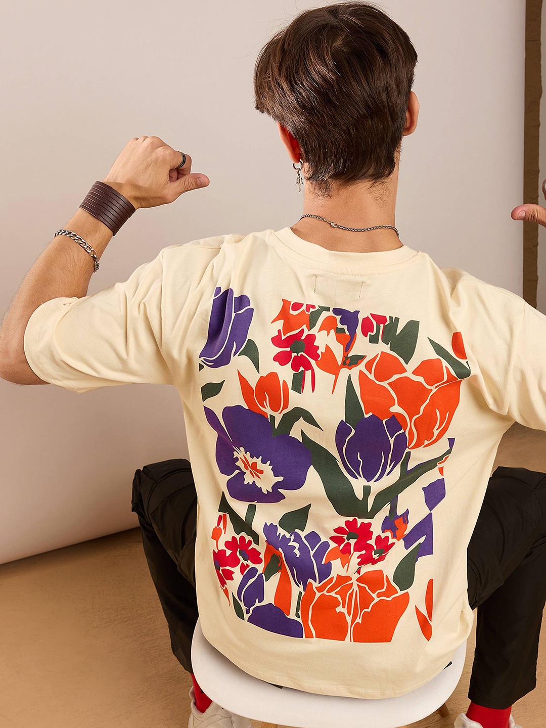 

MASCLN SASSAFRAS Unisex Beige Floral Printed Drop-Shoulder Cotton Oversized T-shirt