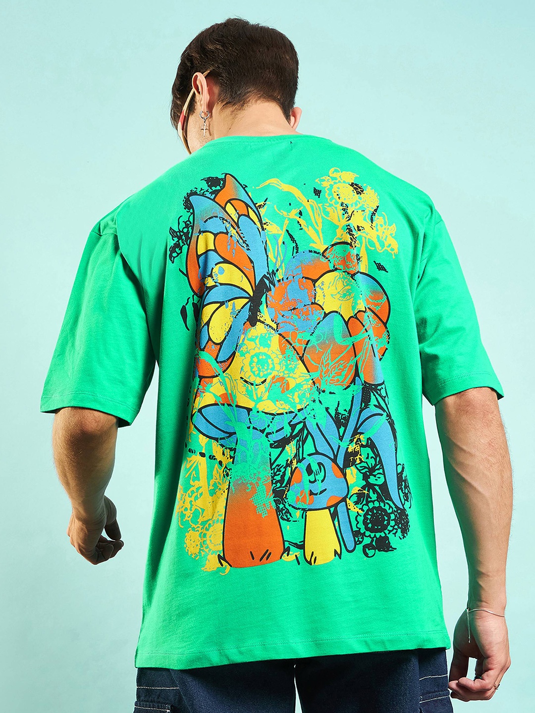 

MASCLN SASSAFRAS Unisex Green Mushroom Printed Drop-Shoulder Cotton Oversized T-shirt