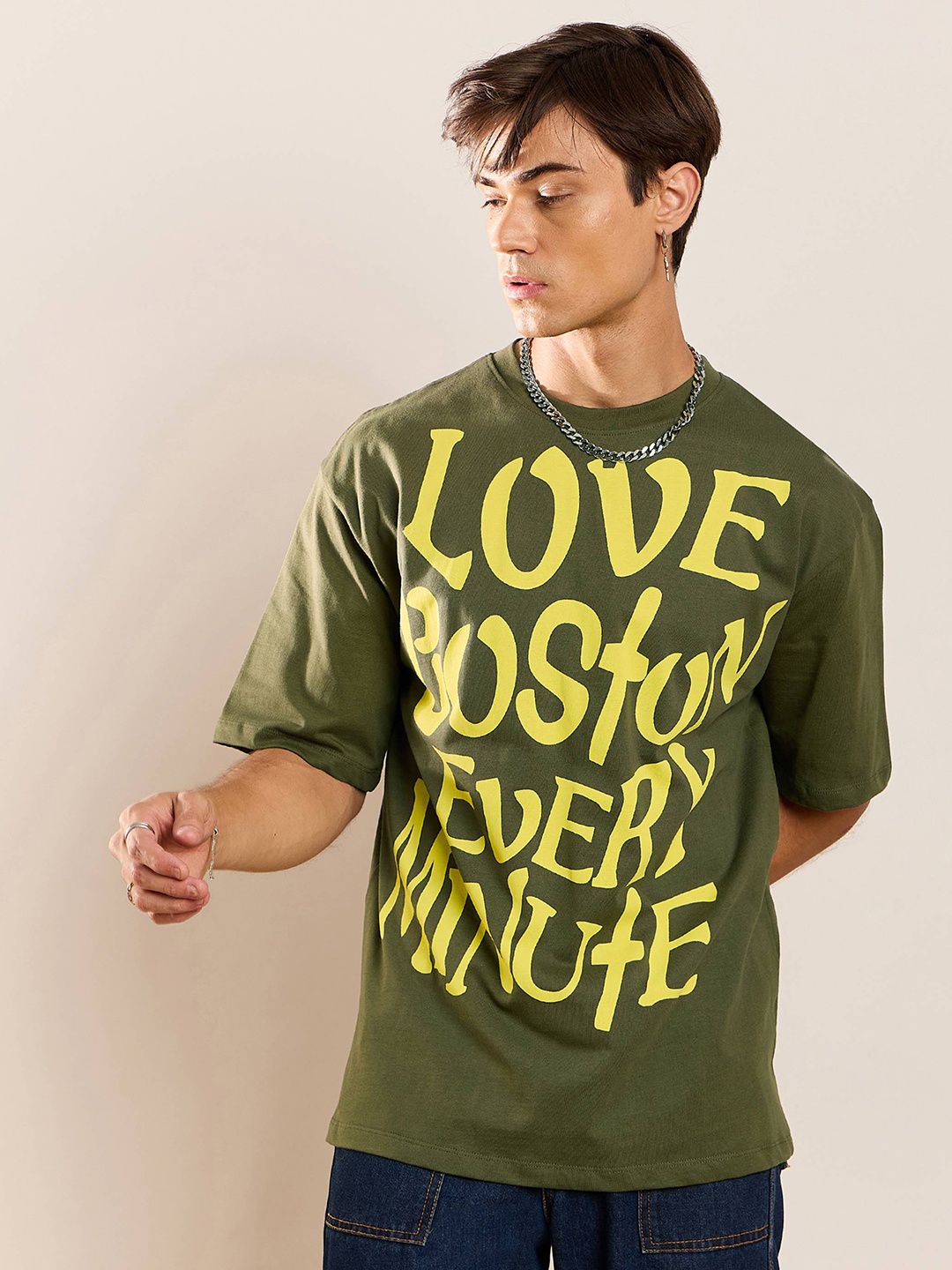 

MASCLN SASSAFRAS Unisex Olive Green Typography Printed Cotton Oversized T-shirt