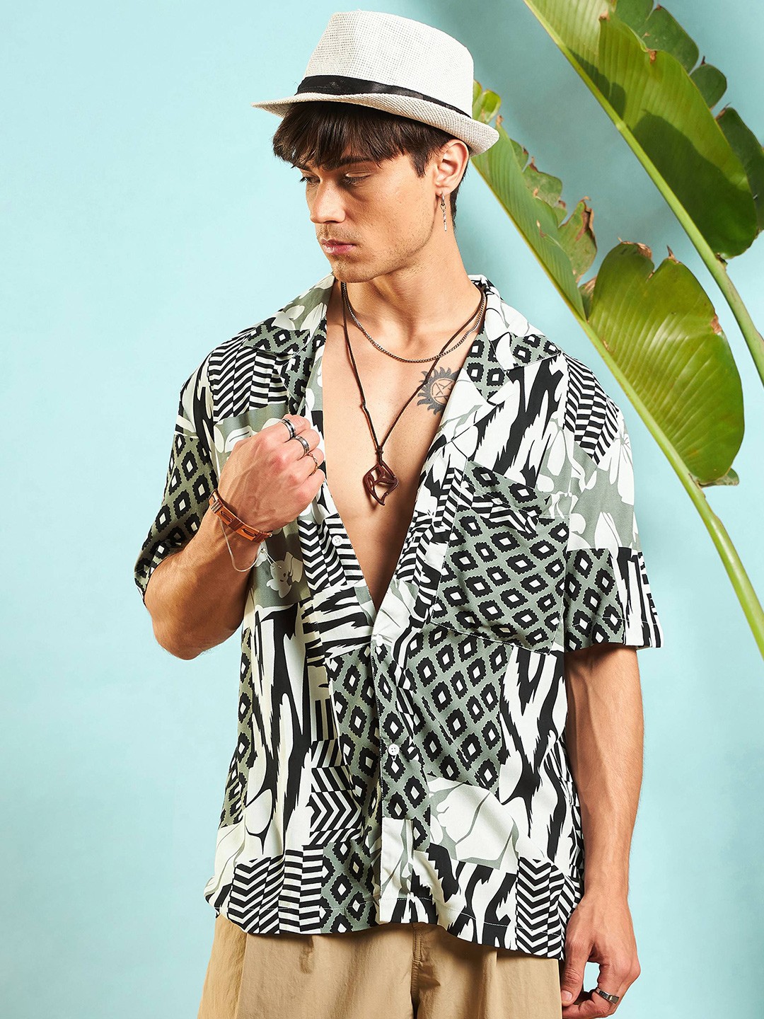 

MASCLN SASSAFRAS Unisex Relaxed Fit Relaxed Animal Printed Casual Shirt, White
