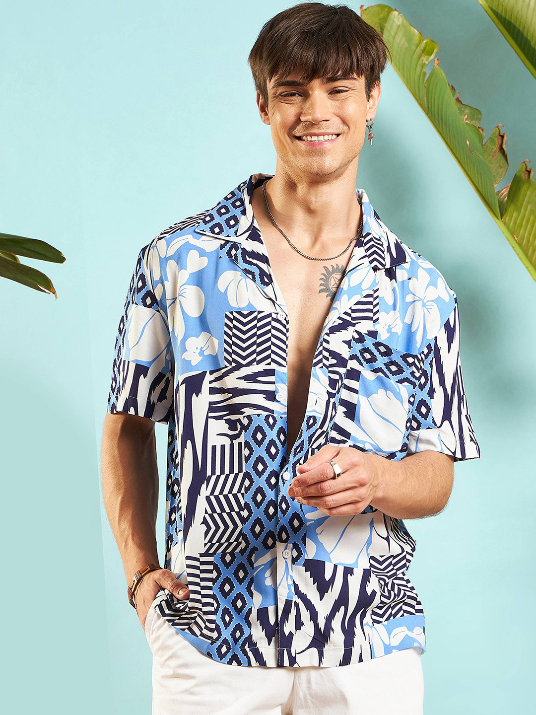 

MASCLN SASSAFRAS Unisex Relaxed Floral Opaque Printed Casual Shirt, White