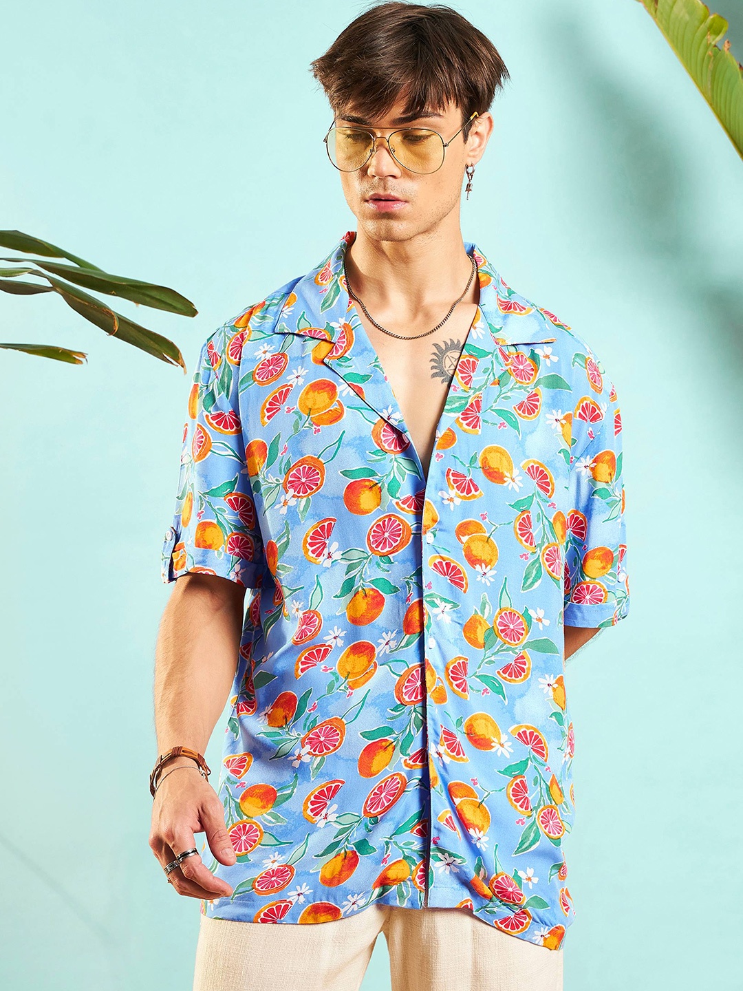 

MASCLN SASSAFRAS Unisex Relaxed Floral Opaque Printed Casual Shirt, Blue