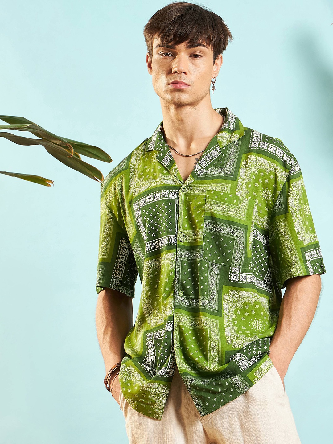 

MASCLN SASSAFRAS Unisex Relaxed Opaque Geometric Printed Casual Shirt, Green