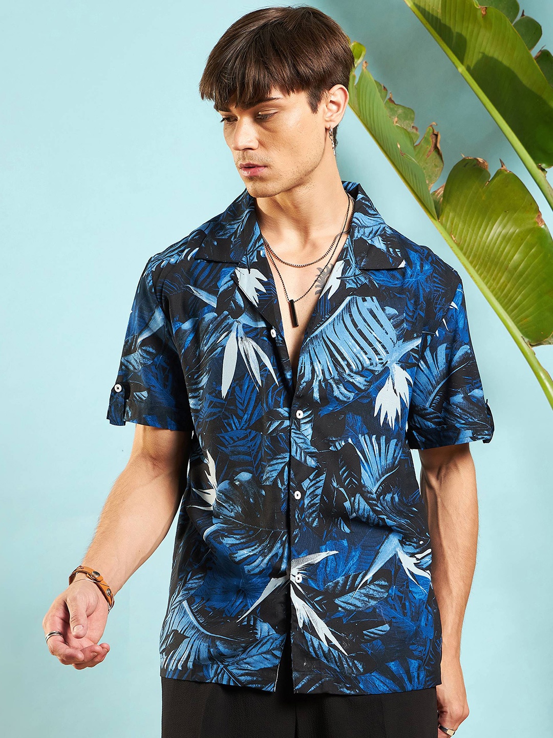 

MASCLN SASSAFRAS Unisex Opaque Tropical Printed Relax Fit Casual Shirt, Blue