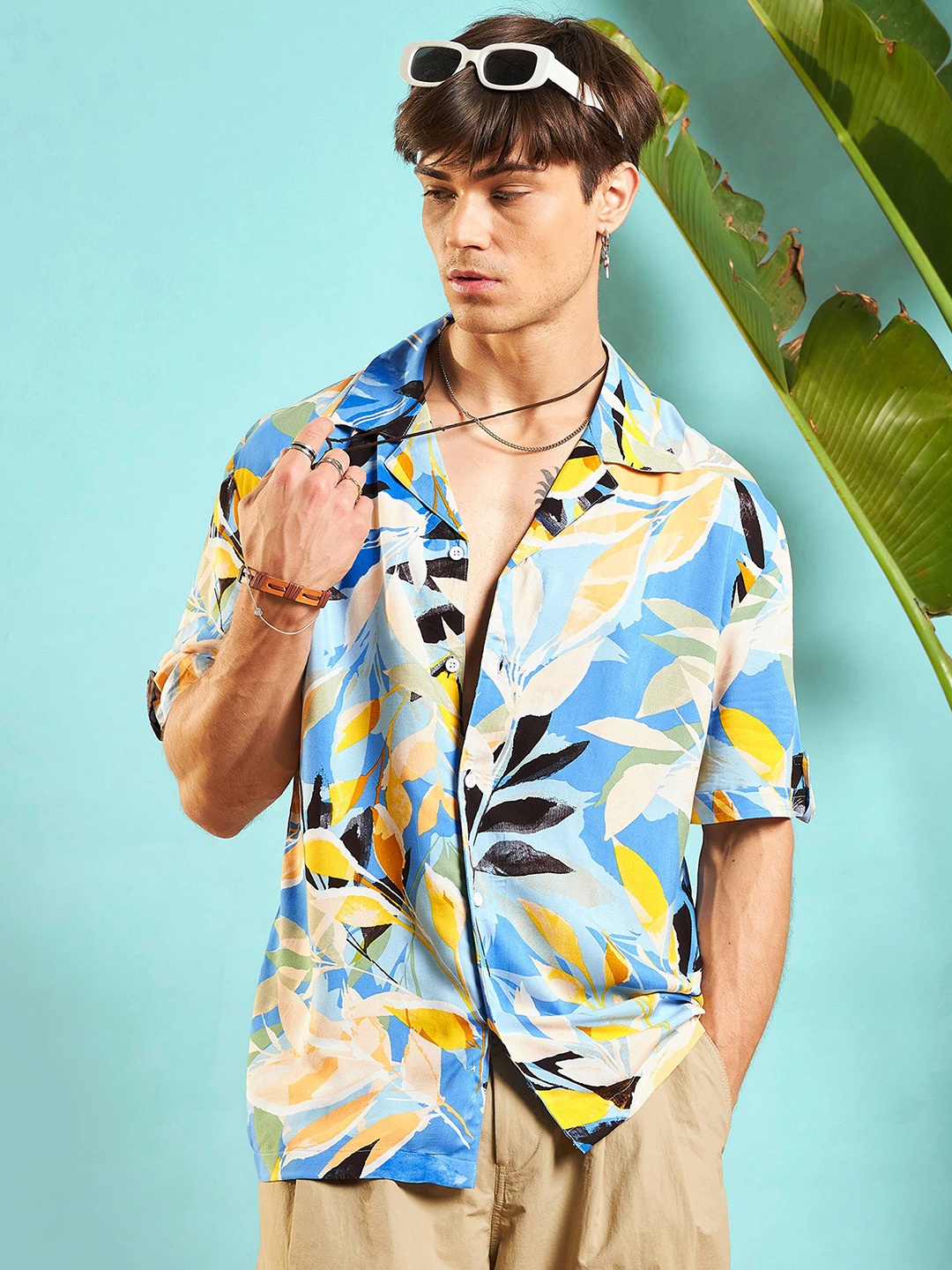 

MASCLN SASSAFRAS Unisex Relaxed Opaque Printed Casual Shirt, Blue
