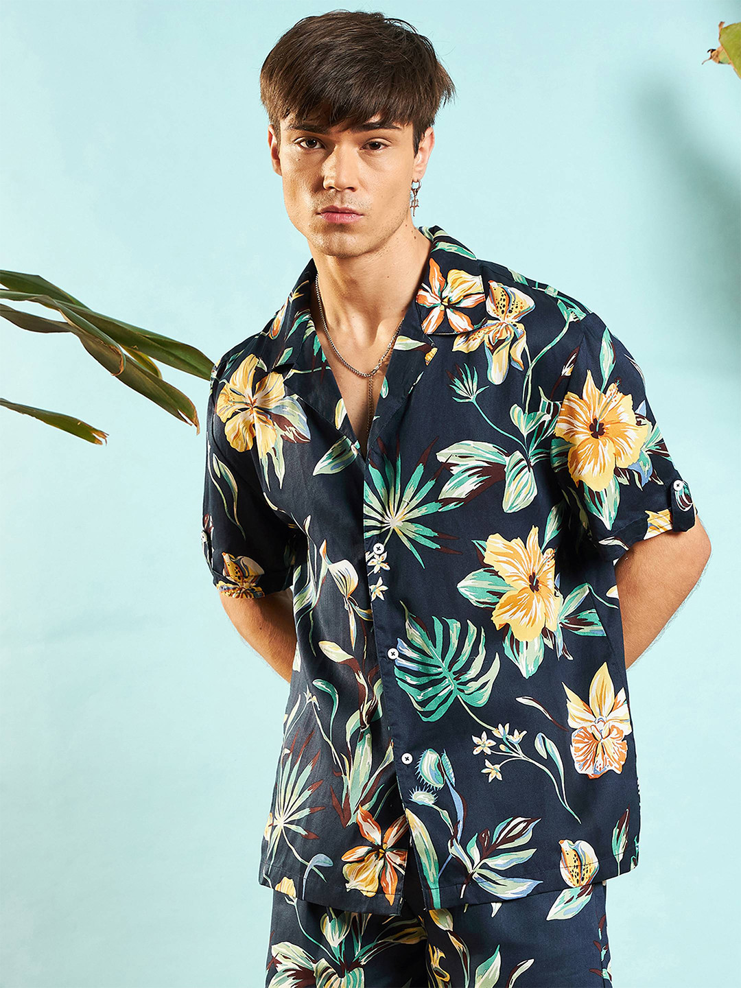 

MASCLN SASSAFRAS Unisex Relaxed Floral Opaque Printed Casual Shirt, Navy blue