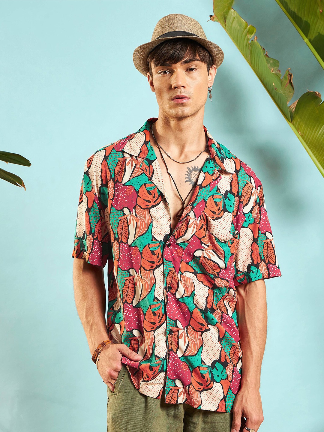 

MASCLN SASSAFRAS Unisex Relaxed Floral Opaque Printed Casual Shirt, Orange