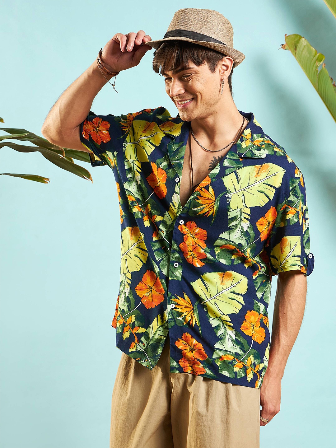 

MASCLN SASSAFRAS Unisex Relaxed Floral Opaque Printed Casual Shirt, Navy blue