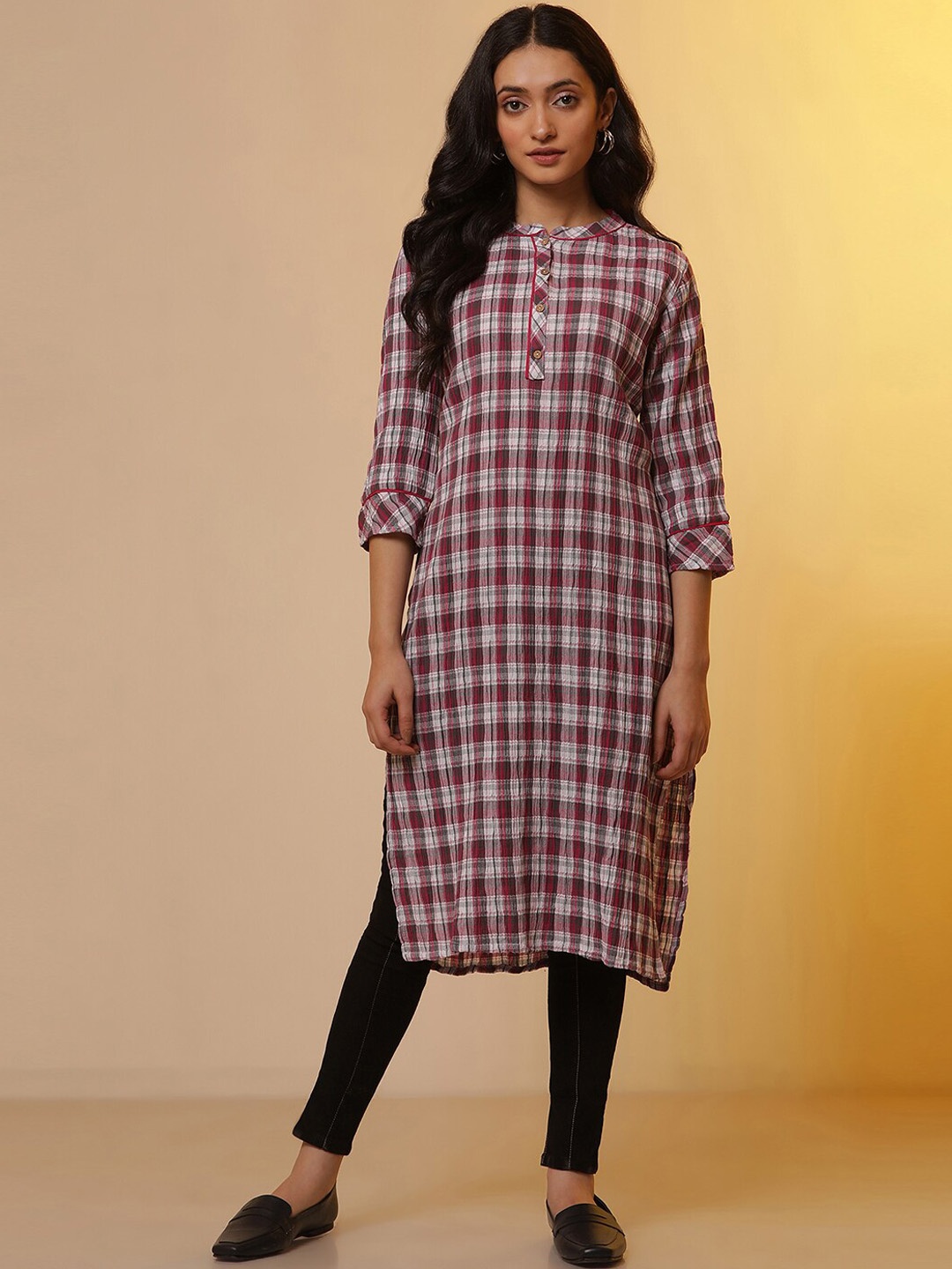 

AURELIA Checked Band Collar Regular Sleeves Straight Pure Cotton Kurta Set, White
