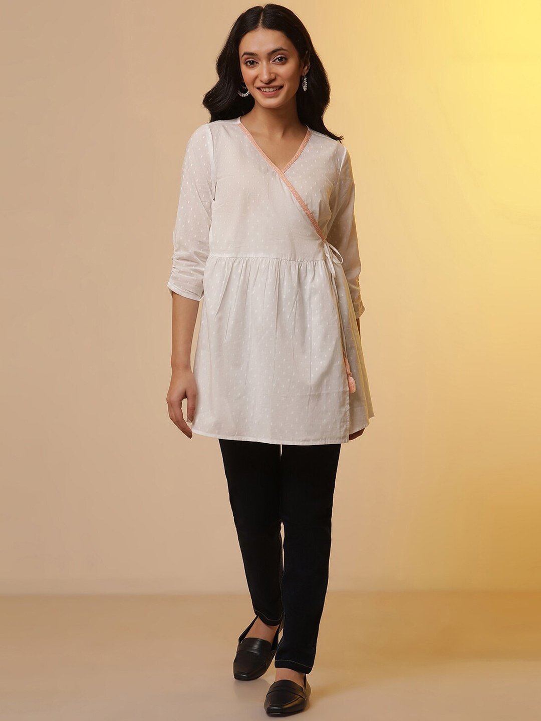 

AURELIA Angrakha Flared V-Neck Pure Cotton AnarkaliKurti With Trouser, White