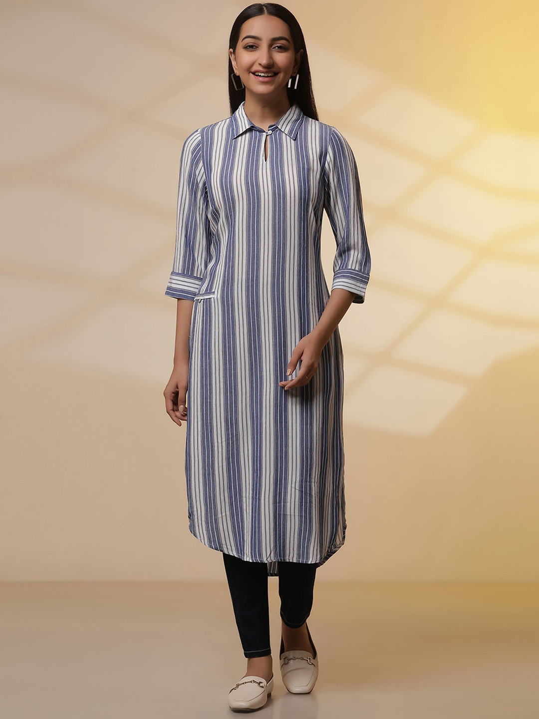 

AURELIA Striped Shirt Collar Regular Straight Kurta Set, Blue