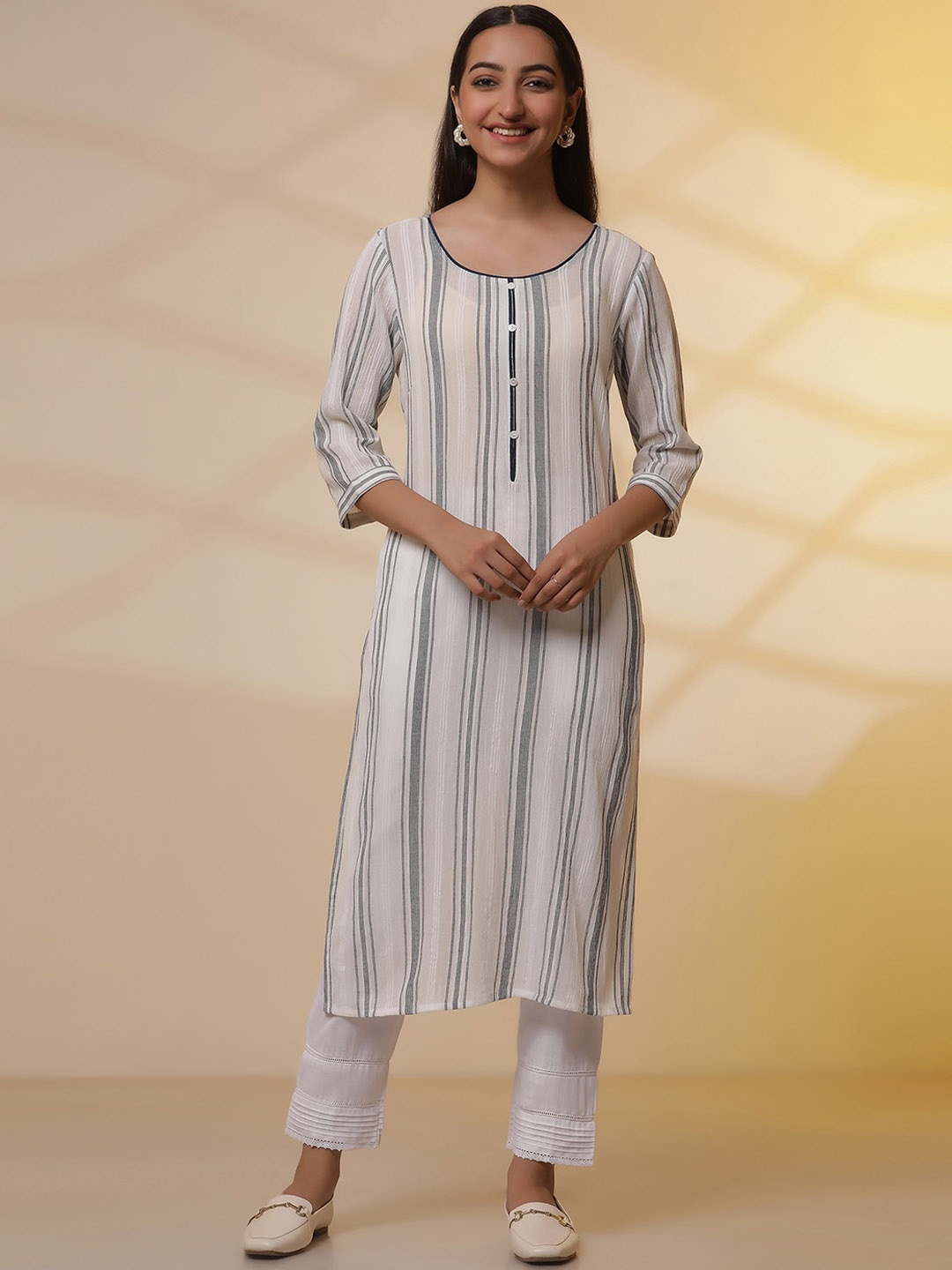 

AURELIA Striped Pure Cotton Kurta With Trouser, White