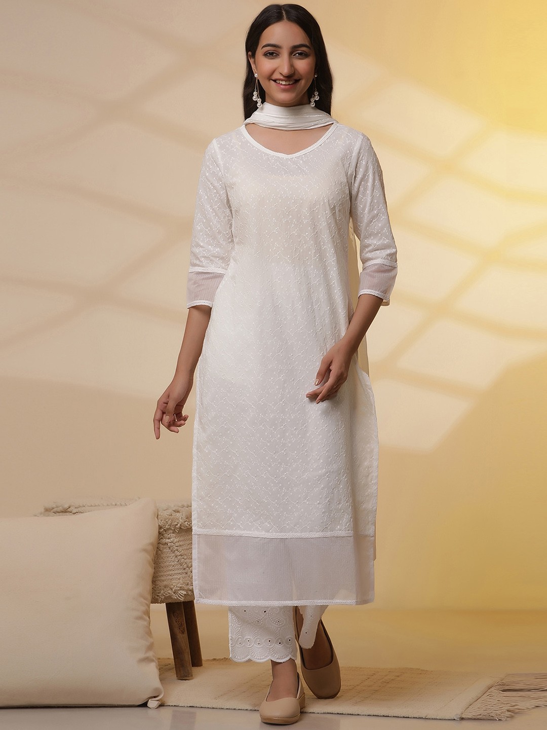 AURELIA Embroidered Floral V-neck Pure Cotton Kurta With palazzos & Dupatta, White