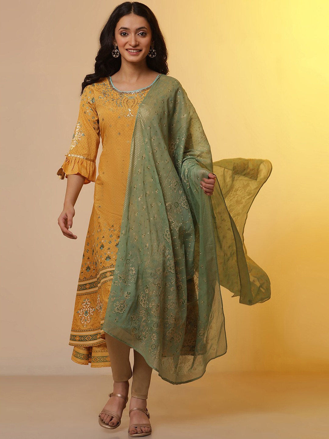 

AURELIA Ethnic Motifs Printed Round Neck Anarkali kurta With Trousers & Dupatta, Yellow