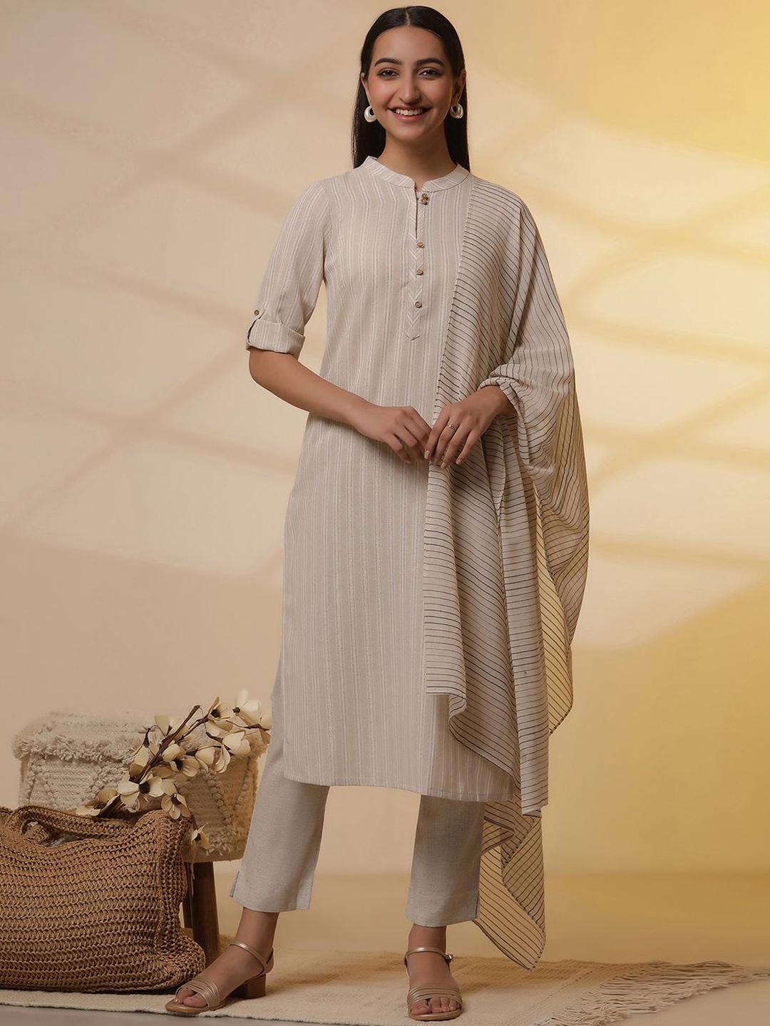 

AURELIA Striped Tie-Up Neck Roll-Up Sleeves Kurta with Trousers & With Dupatta, Beige