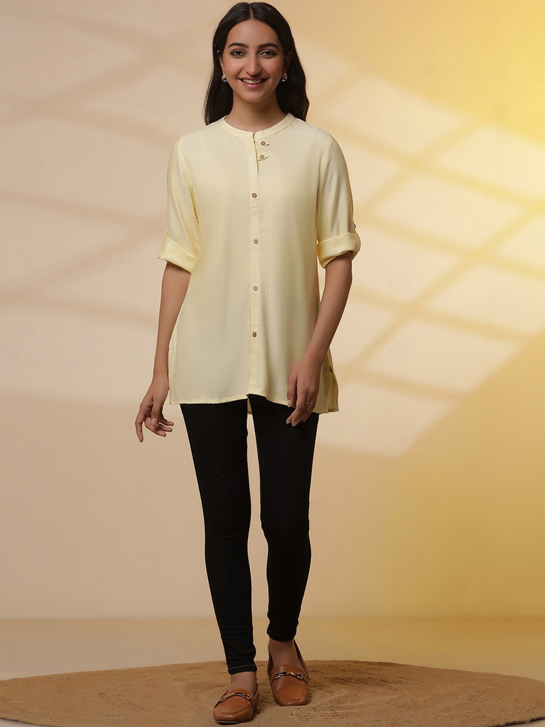 

AURELIA Band Collar Three-Quarter Roll-Up Sleeves Straight Kurti With Leggings, Yellow