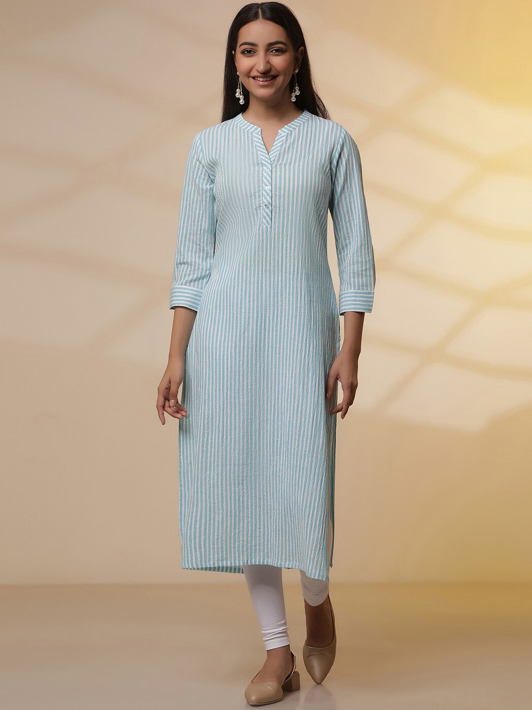 

AURELIA Band Collar Striped Regular Kurta, Blue