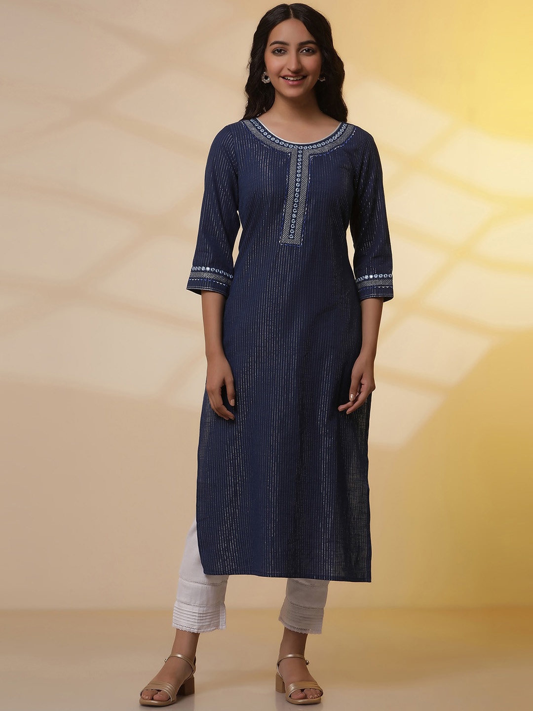 

AURELIA Yoke Design Regular Mirror Work Pure Cotton Kurta with Trouser, Blue