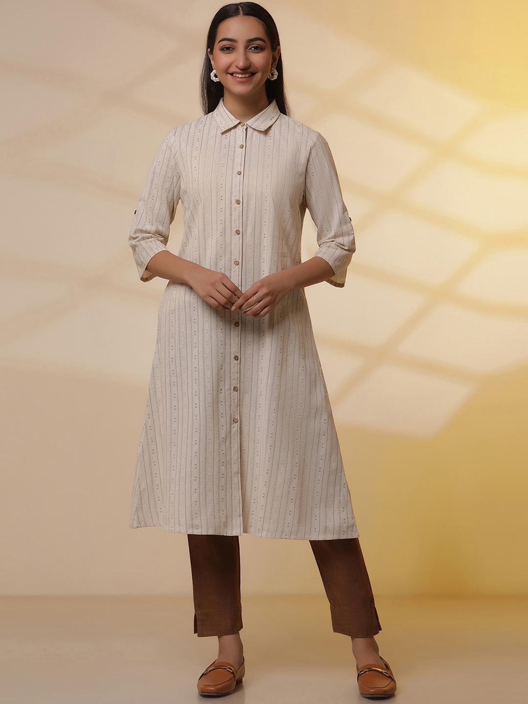 

AURELIA Geometric Self Design Shirt Collar Casual Tunic with Trousers, Beige