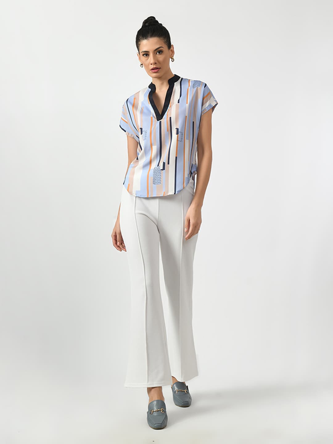 

OFFICE & YOU Striped Extended Sleeves Satin Shirt Style Top, Beige