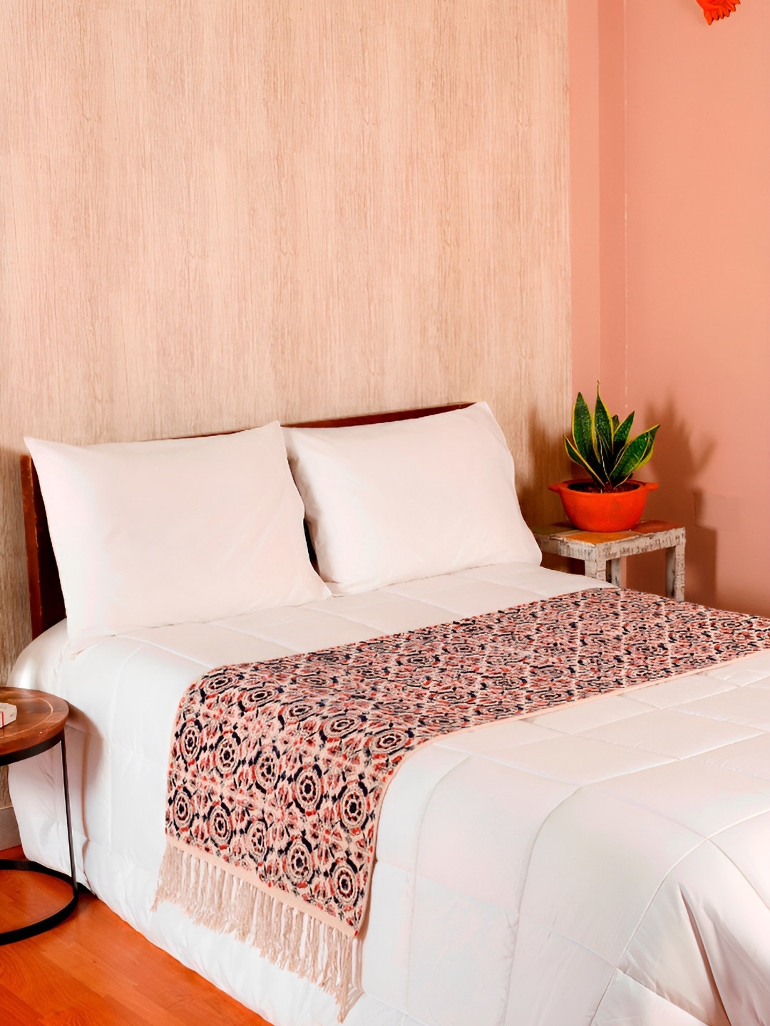 

HANDICRAFT PALACE Beige & White Printed Anti-Skid Bed Runner