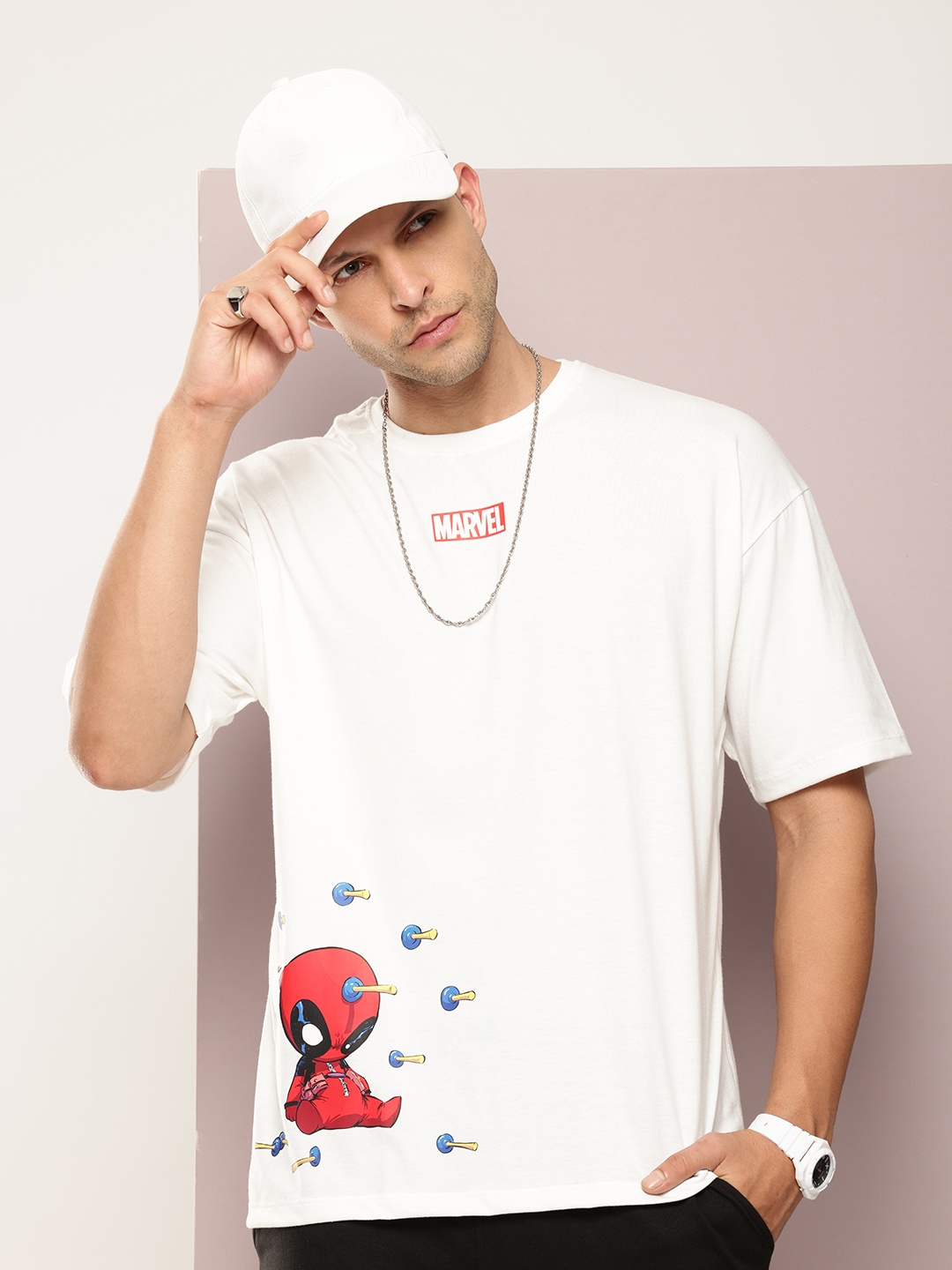 

Kook N Keech Marvel Dead Pool Printed Drop-Shoulder Sleeves Pure Cotton T-shirt, White