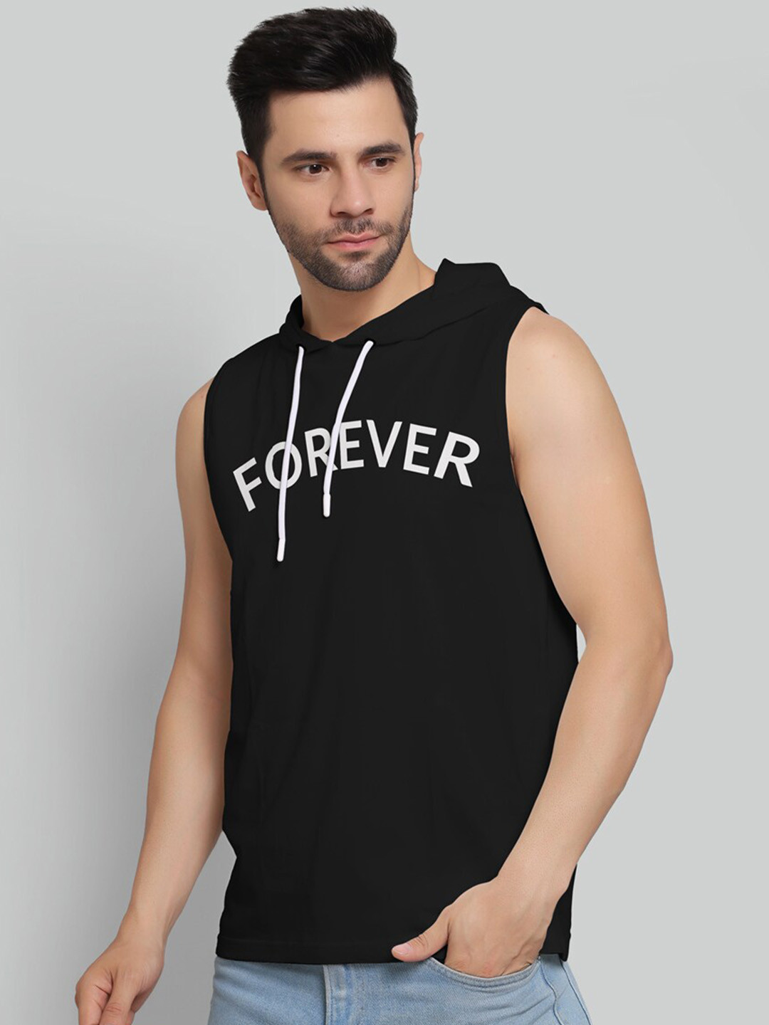 

Juxar Printed Cotton Hooded Sleeveless Gym Vest, Black