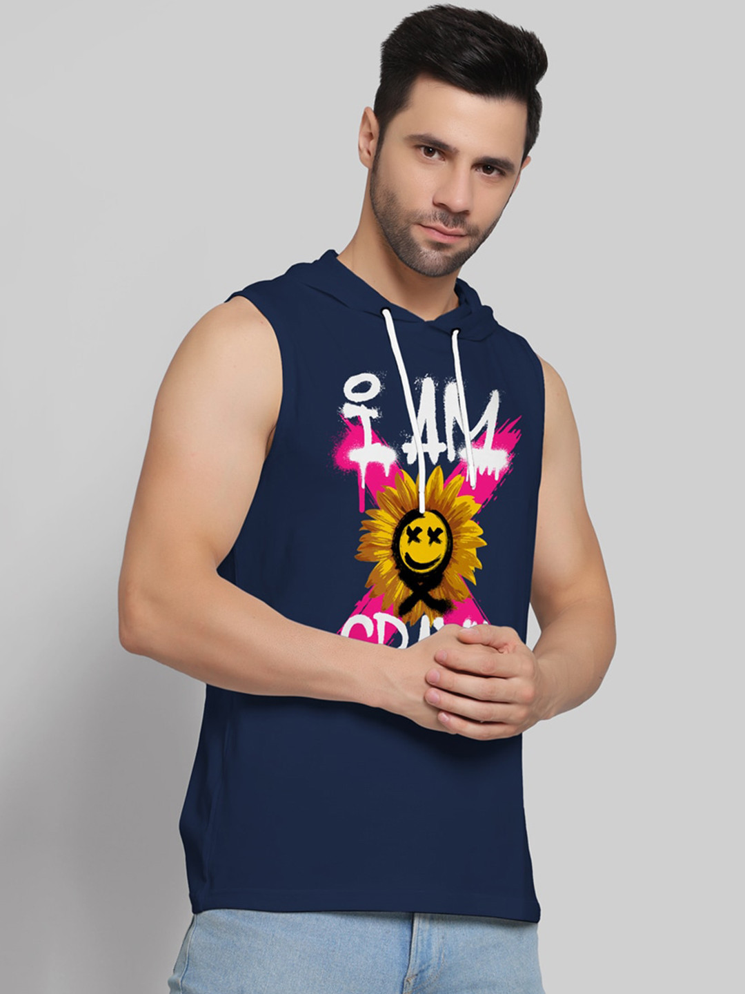 

Juxar Printed Cotton Hooded & Sleeveless Sando HODSDO-022-NBL-XS, Navy blue