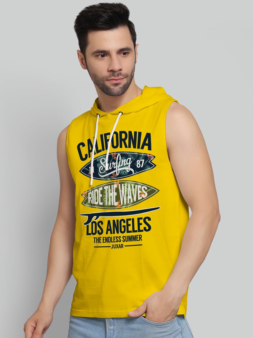 

Juxar Printed Cotton Hooded Sleeveless Gym Vest, Yellow
