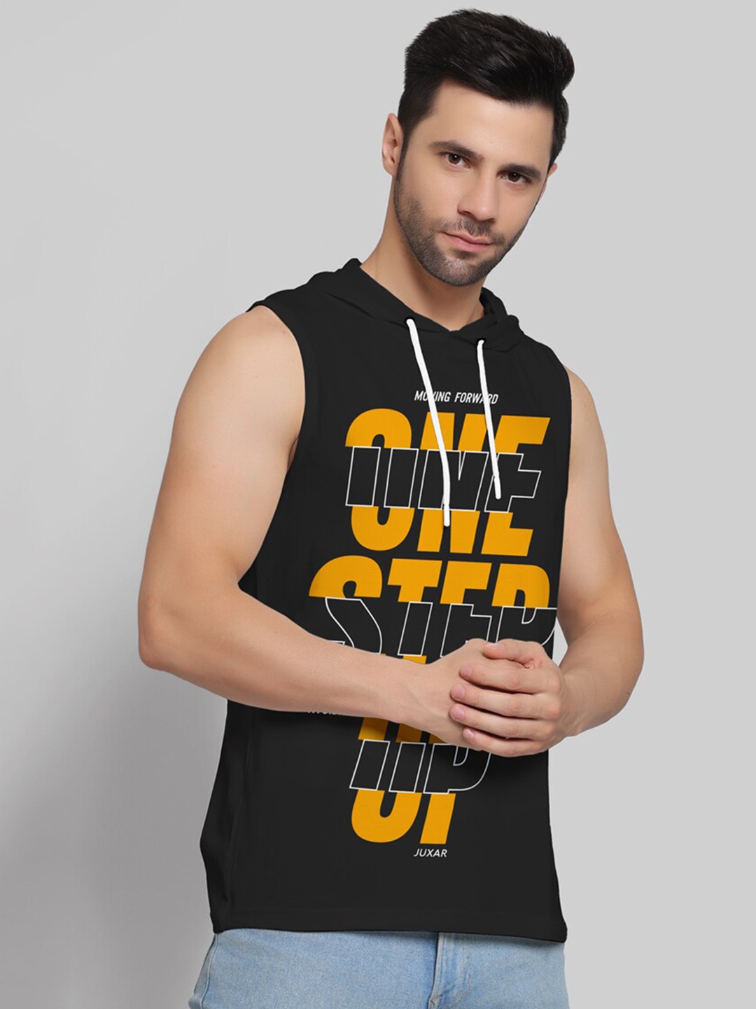 

Juxar Printed Cotton Hooded Sleeveless Gym Vest, Black
