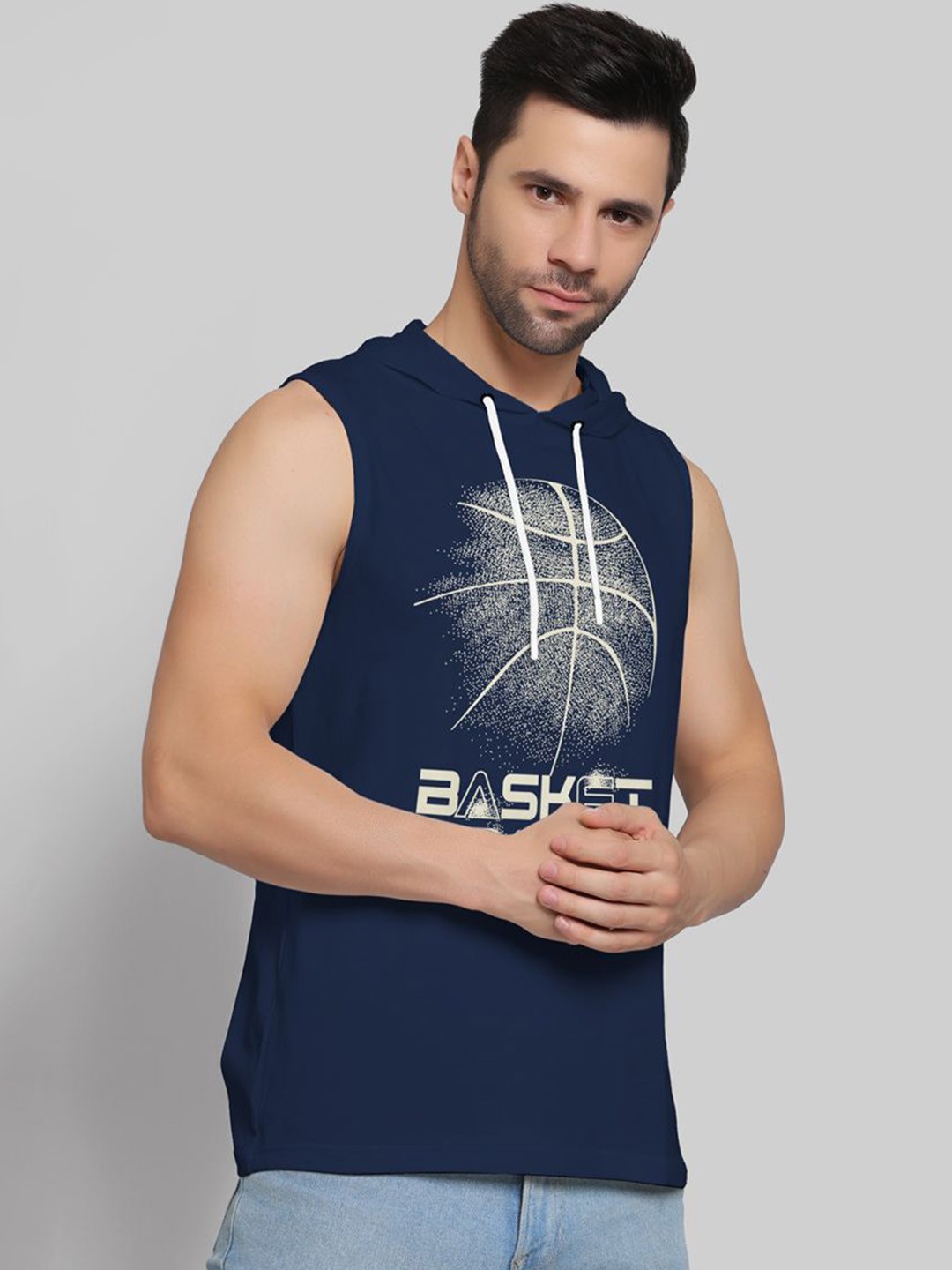 

Juxar Printed Cotton Hooded Sleeveless Gym Vest, Navy blue