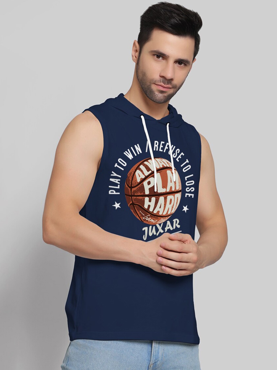 

Juxar Printed Cotton Hooded & Sleeveless Sando HODSDO-013-NBL-XS, Navy blue