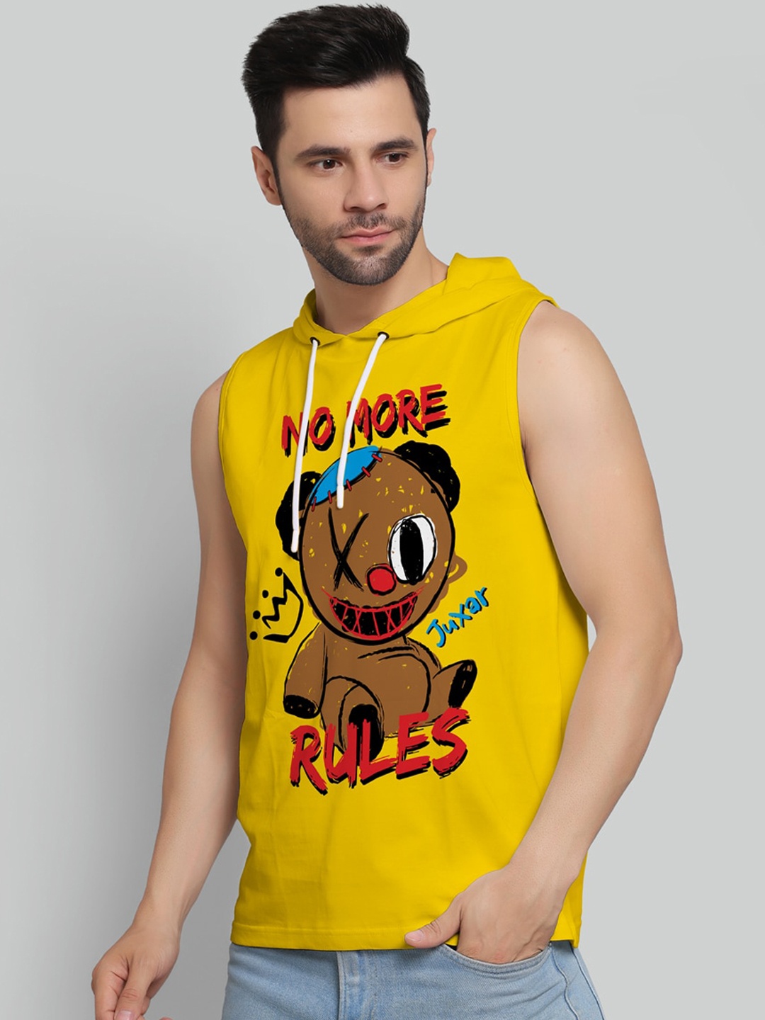 Juxar Printed Cotton Hooded & Sleeveless Sando Vest HODSDO-012-YL-XS, Yellow