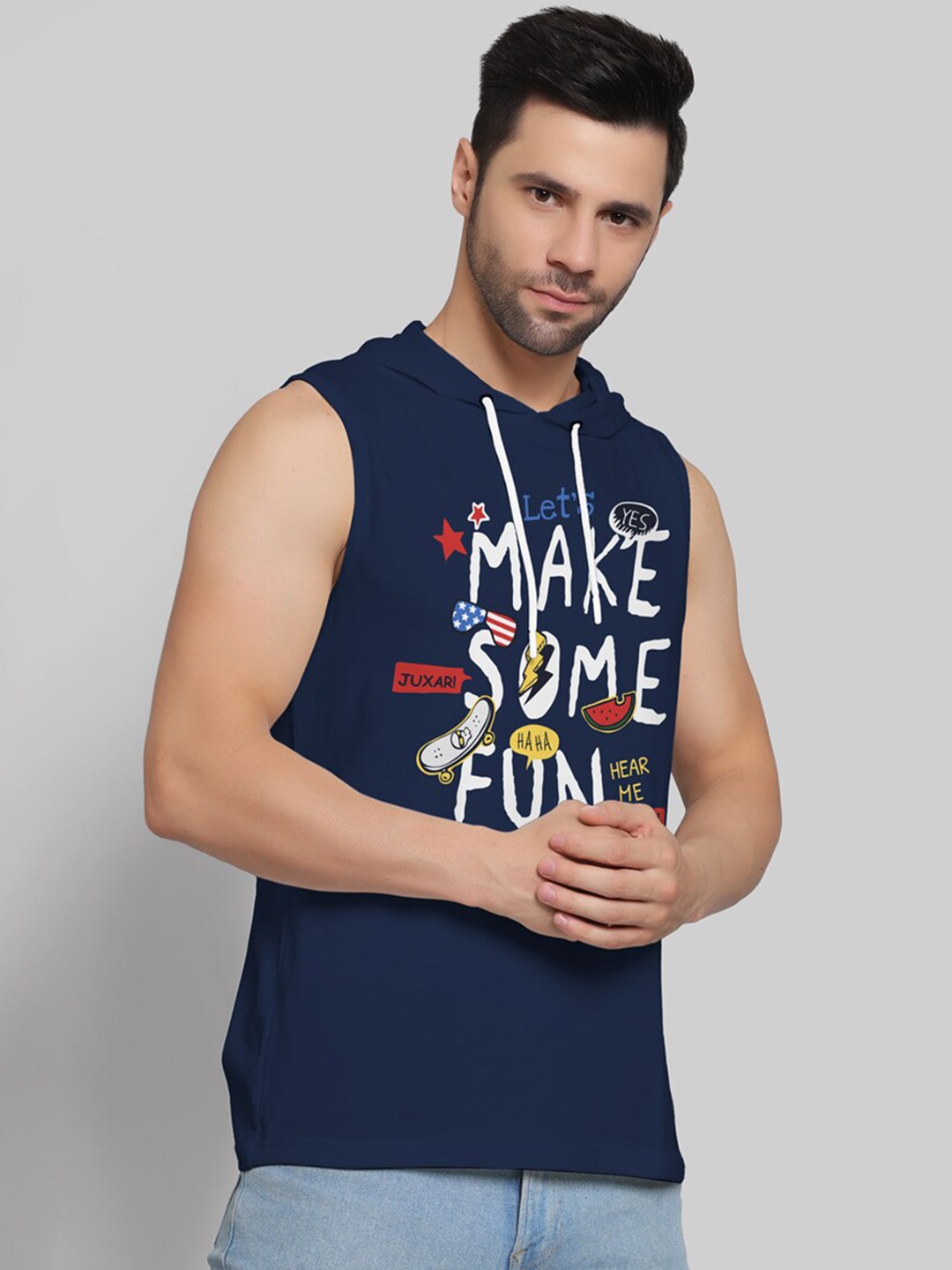 

Juxar Printed Cotton Hooded & Sleeveless Sando Vest HODSDO-016-NBL-XS, Navy blue