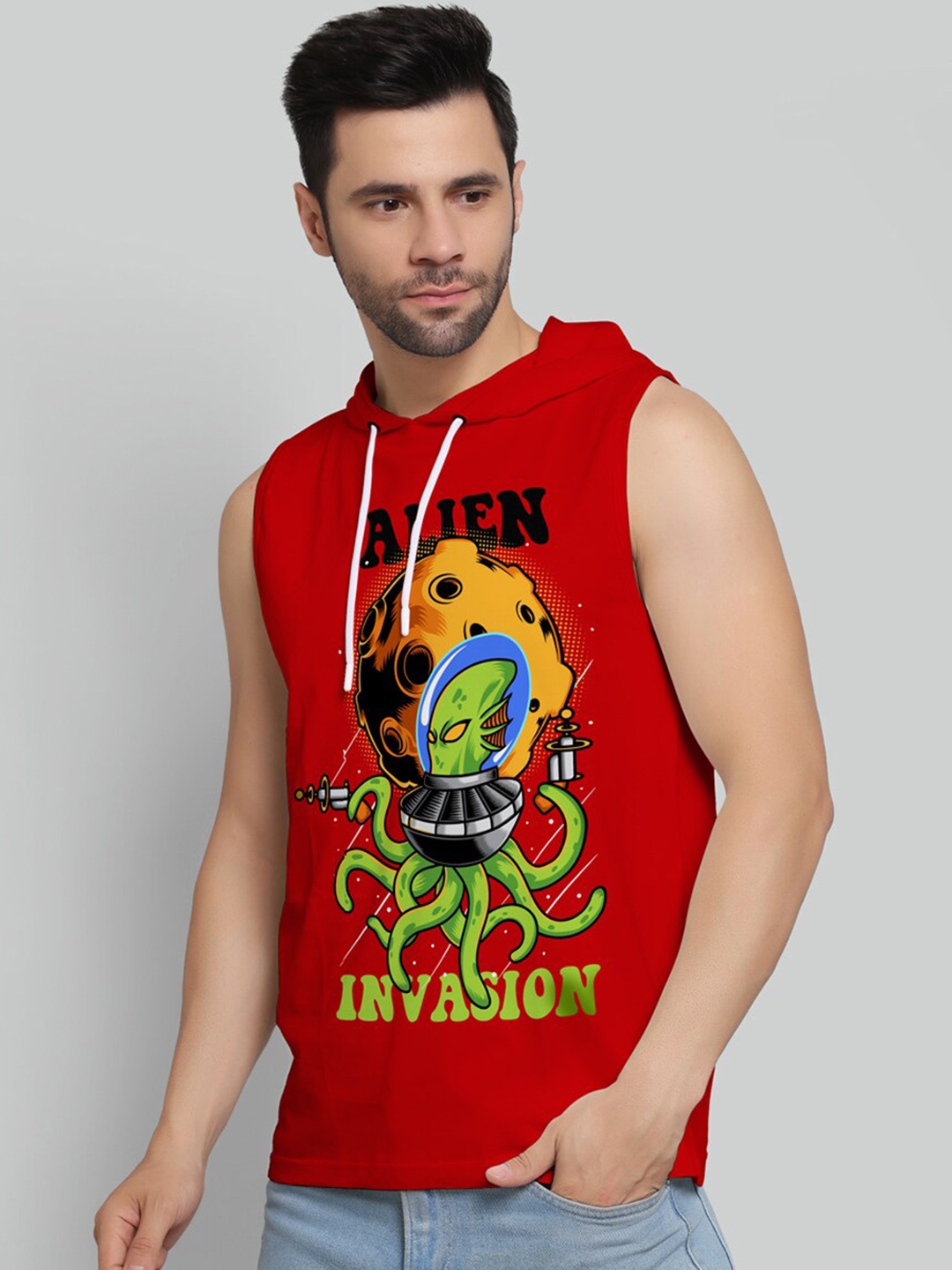 

Juxar Printed Cotton Hooded Sleeveless Gym Vest, Red