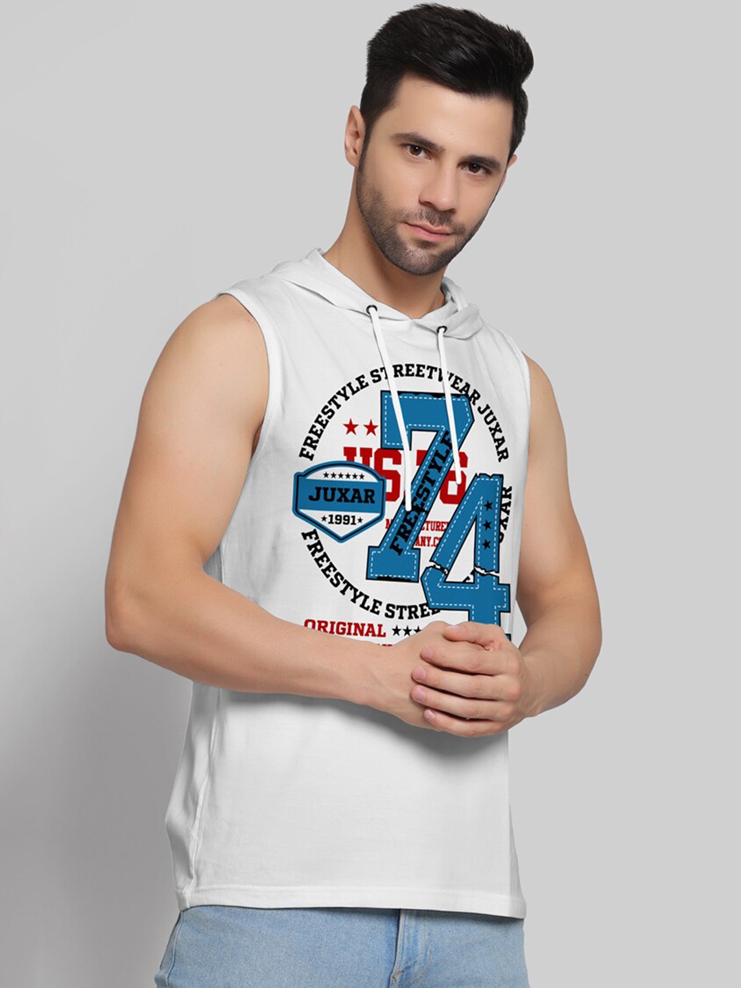 Juxar Printed Cotton Hooded Sleeveless Gym Vest, White