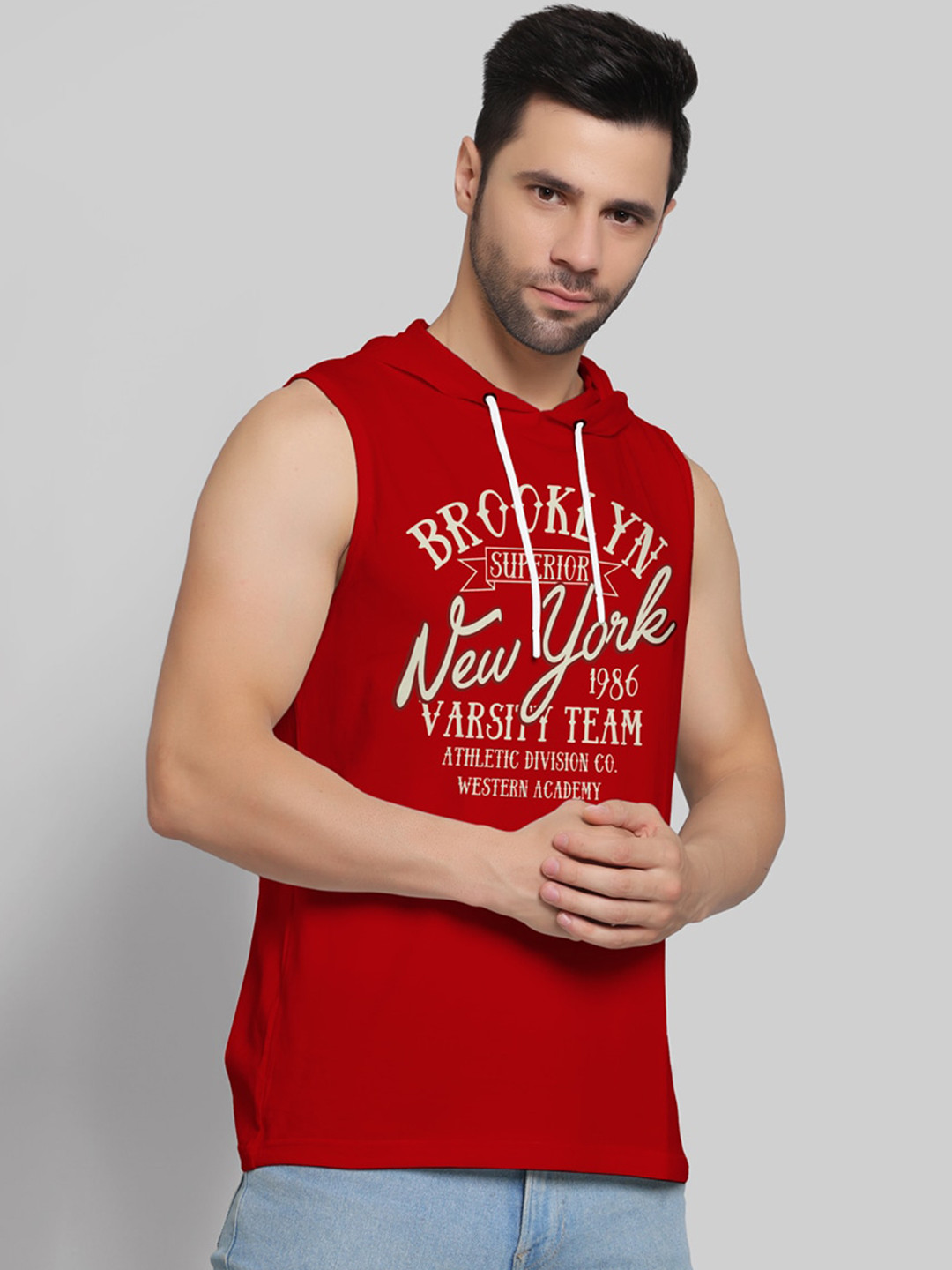 

Juxar Printed Cotton Hooded Sleeveless Gym Vest, Red