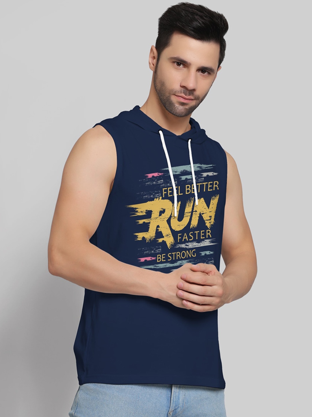 

Juxar Printed Cotton Hooded Sleeveless Gym Vest, Navy blue