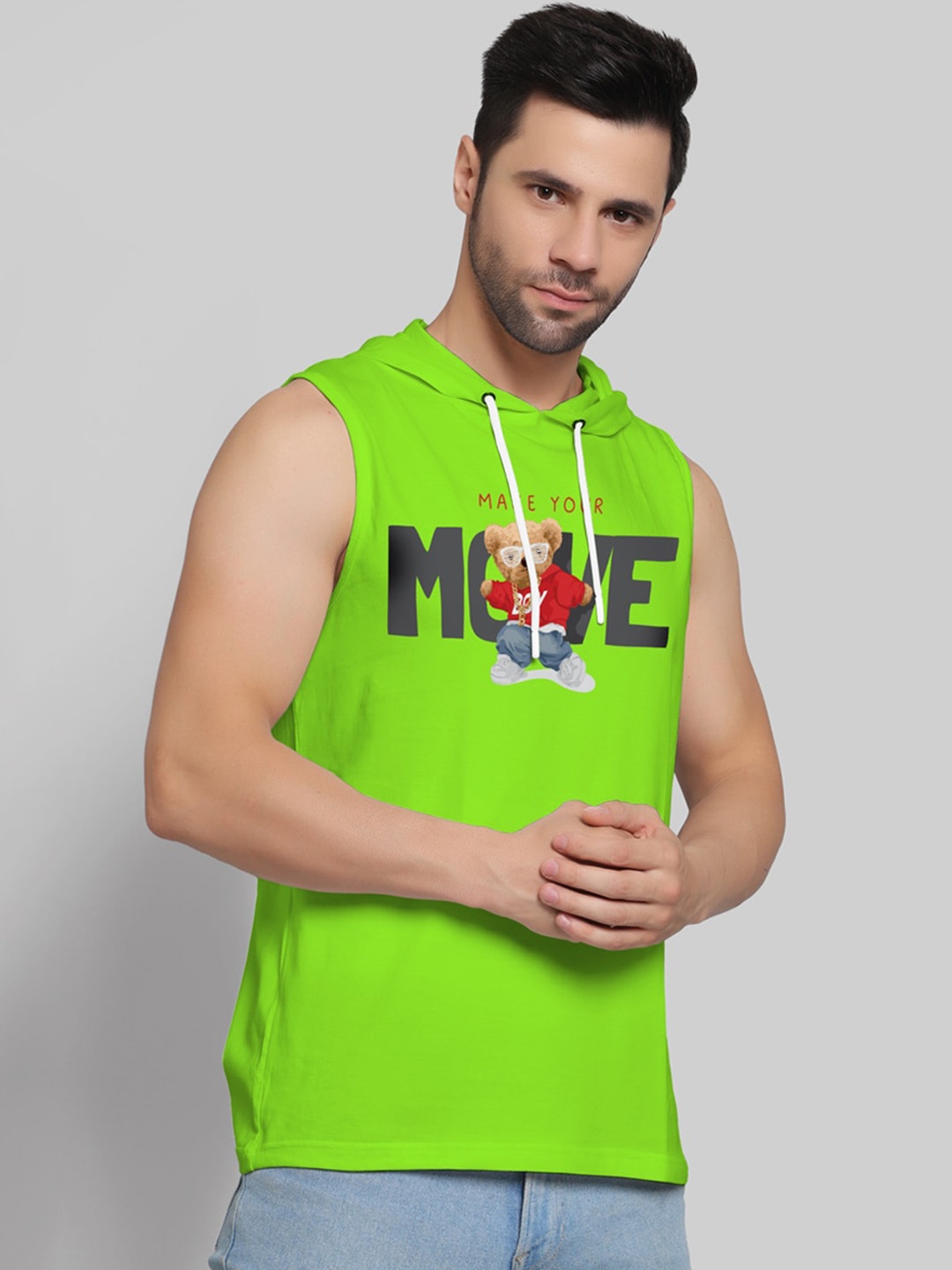 

Juxar Printed Cotton Hooded Sleeveless Gym Vest, Green